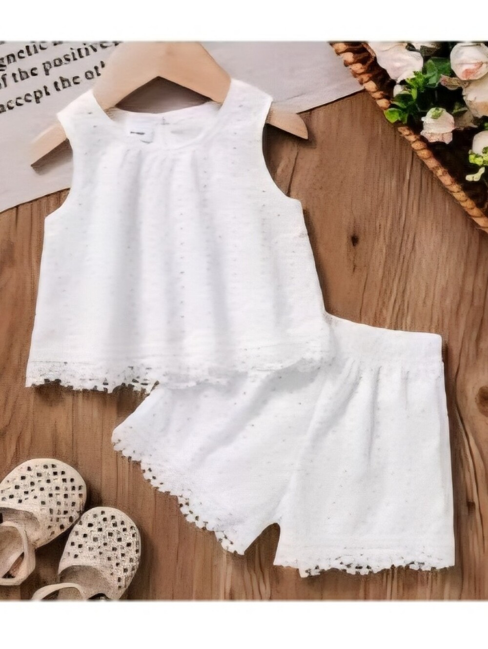 Girls White Eyelet Two-Piece Set - Sleeveless Top & Shorts, Size 2-3Y